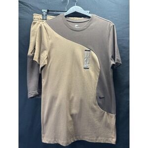 Nike Sweatsuit Set Mens Small Brown Colorblock Fleece Tee Shorts DR9856-256